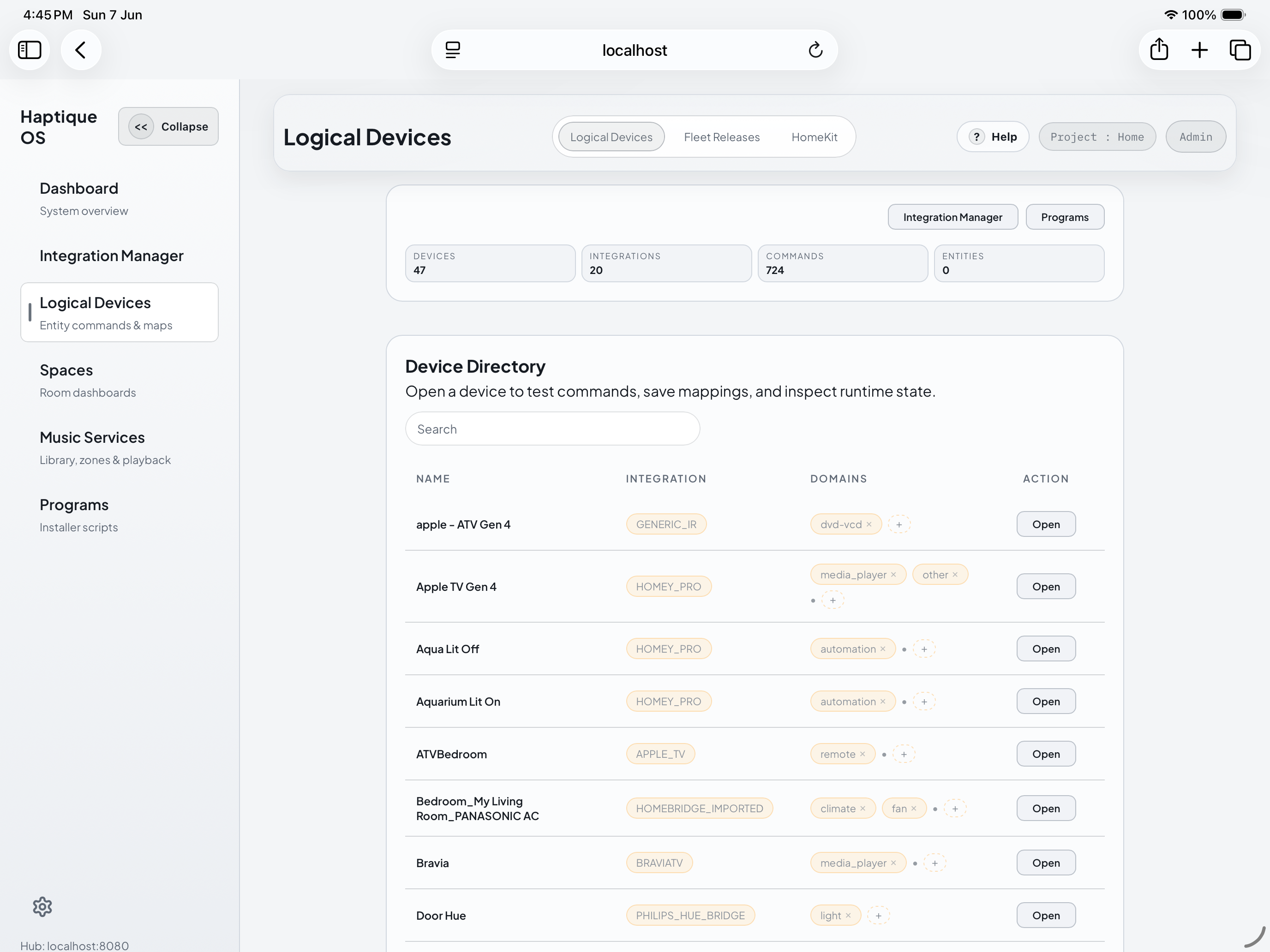 Haptique OS screen showing Logical Devices and Fleet Releases for HOS device exposure