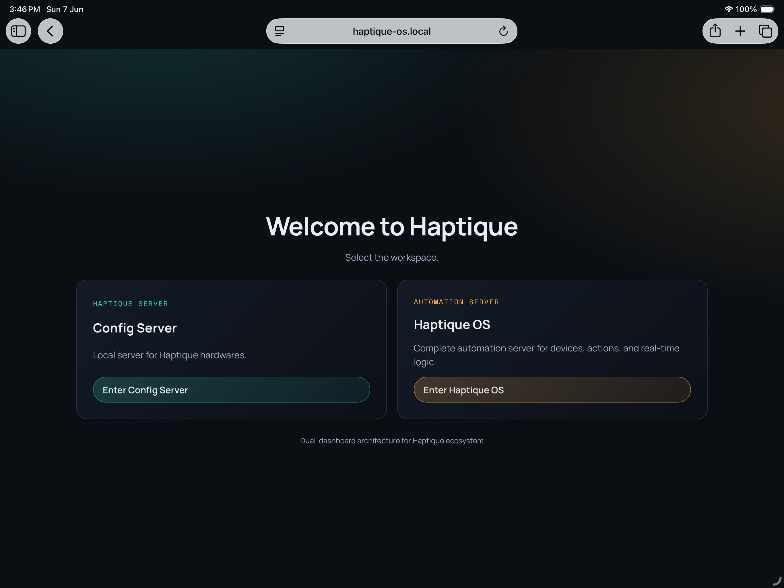 Haptique OS landing page with Config Server and Haptique OS workspace cards