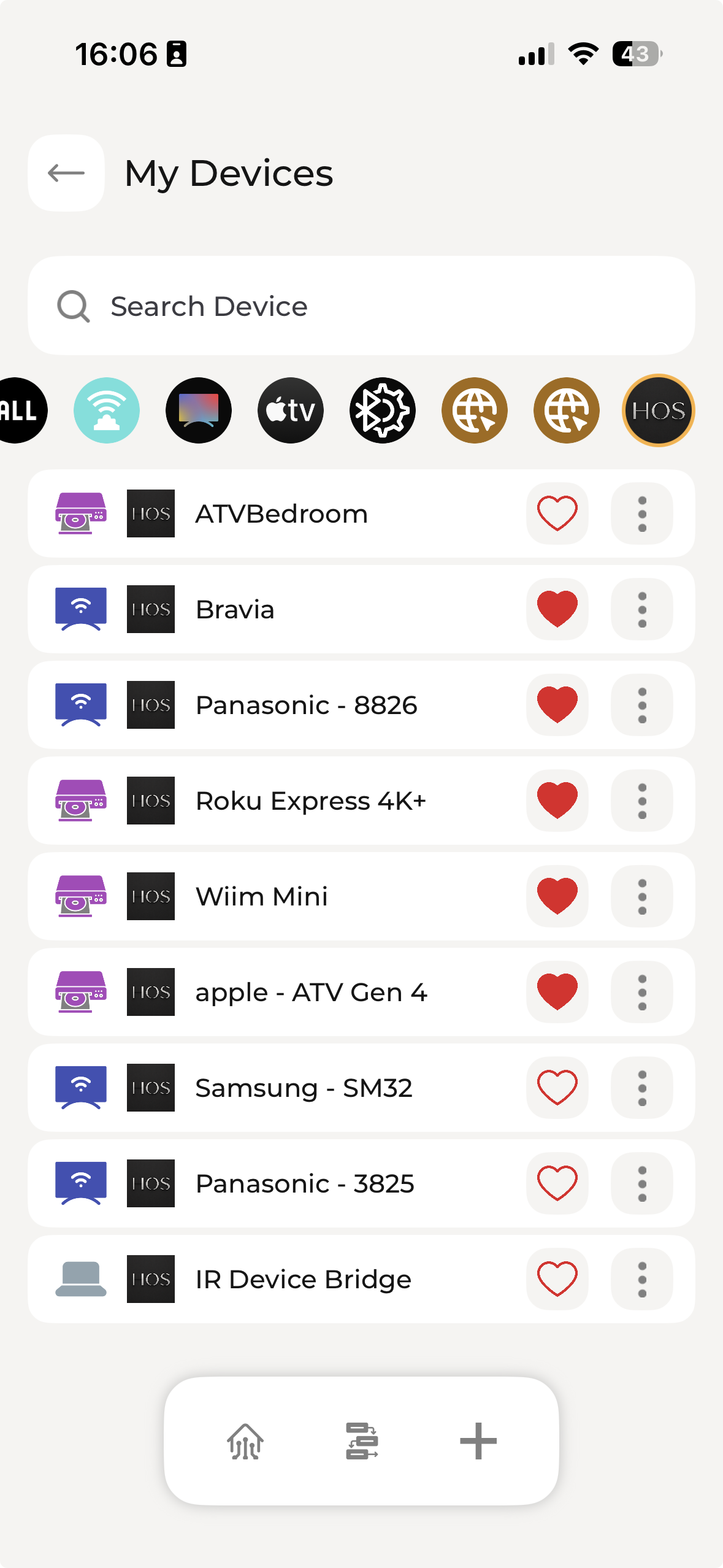 Config App My Devices screen showing HOS category and HOS-backed devices